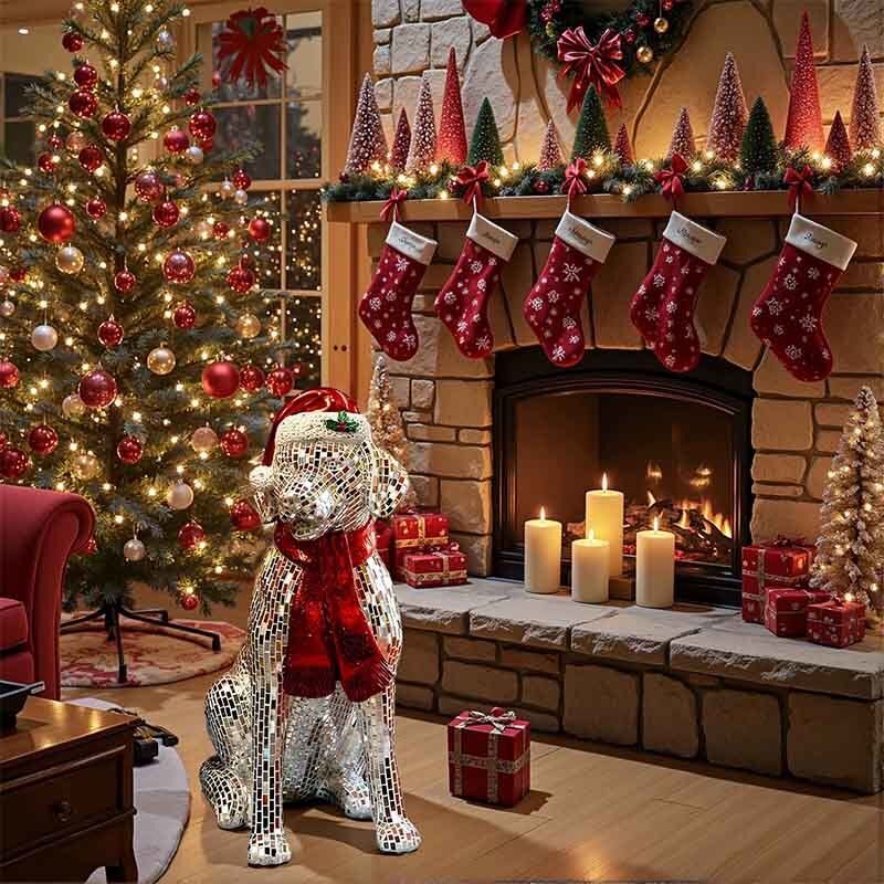 Christmas Mosaic Art Dog Sculpture Decorative Resin For Home Holiday Display