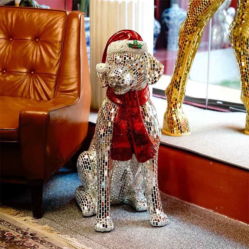 Christmas Mosaic Art Dog Sculpture Decorative Resin For Home Holiday Display