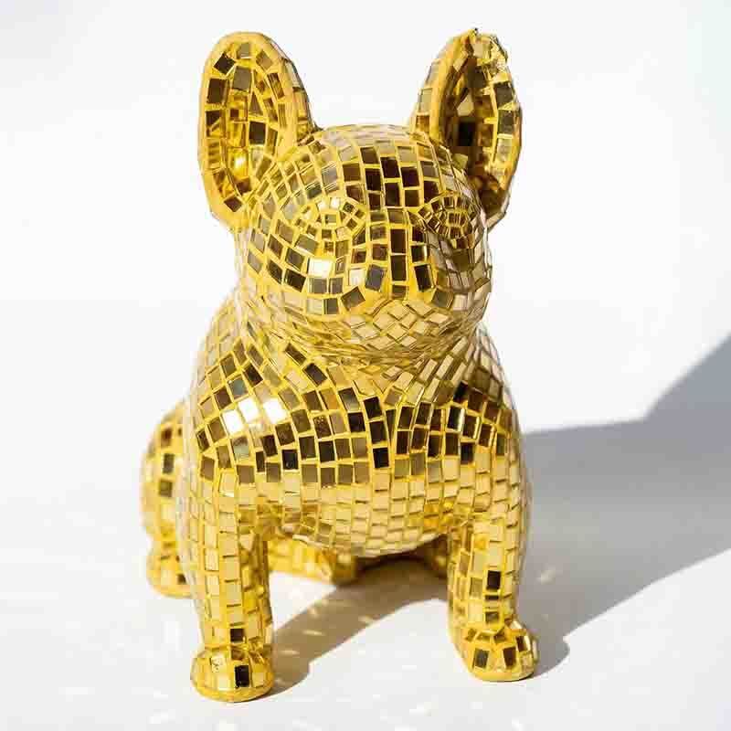ISO9001 Gold French Bulldog Sculpture Decorative Luxury Mirror Statue For Home Decor