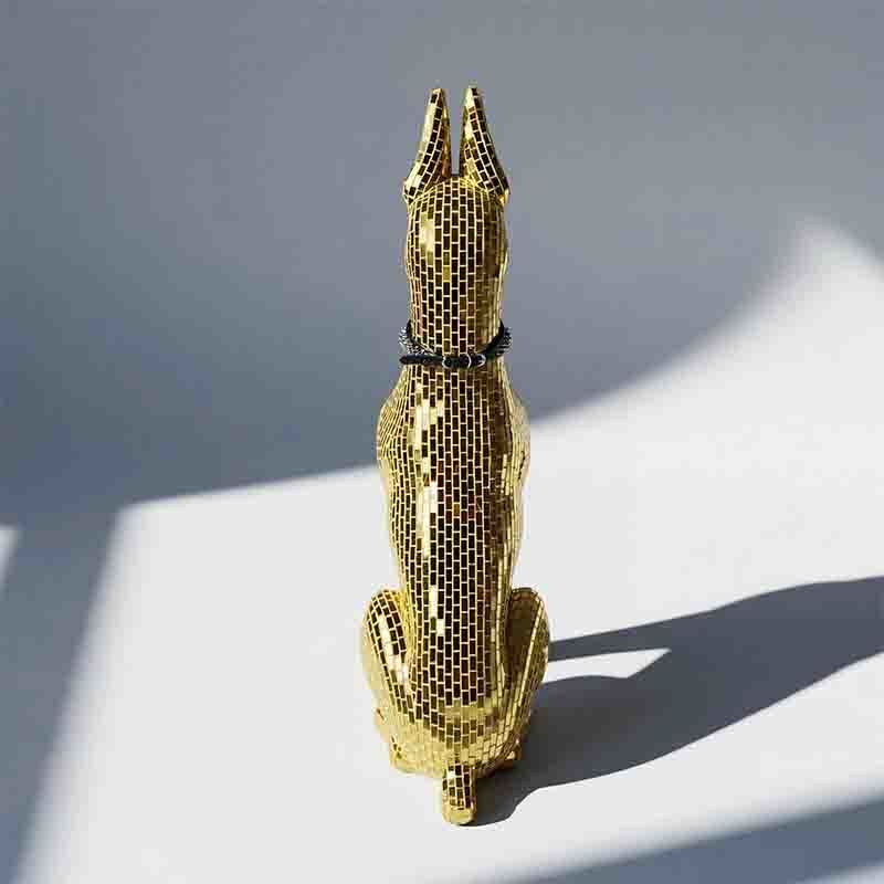 Gold Doberman Mosaic Art Dog Sculpture Luxury Mirror Floor Standing For Interior