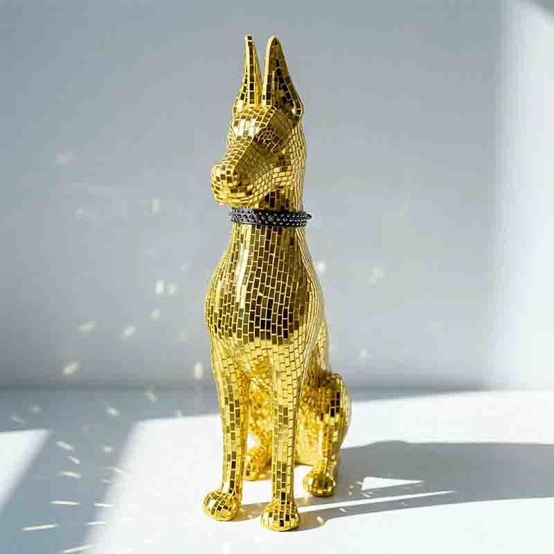 Gold Doberman Mosaic Art Dog Sculpture Luxury Mirror Floor Standing For Interior