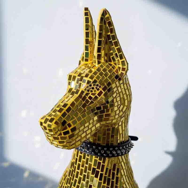 Gold Doberman Mosaic Art Dog Sculpture Luxury Mirror Floor Standing For Interior