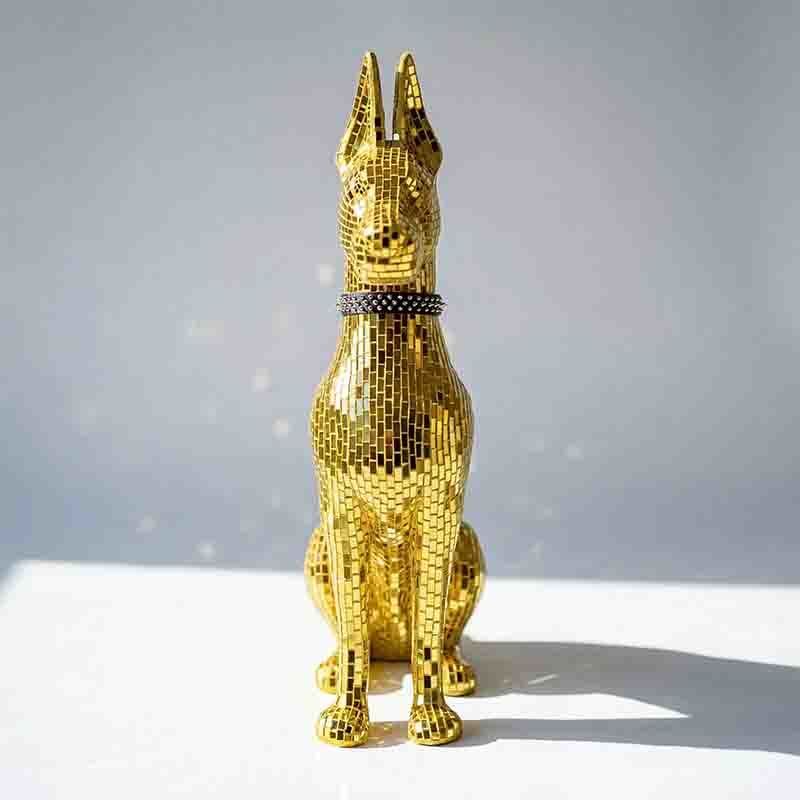 Gold Doberman Mosaic Art Dog Sculpture Luxury Mirror Floor Standing For Interior