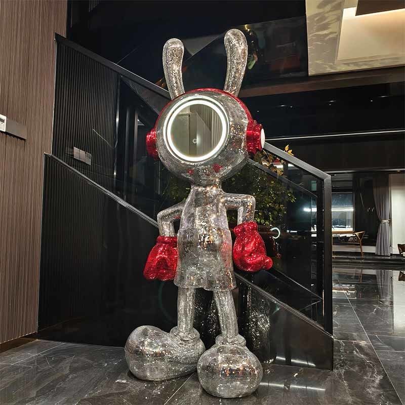 LED Mirror Mosaic Rabbit Sculpture Light Handcrafted Character Art For Commercial Spaces