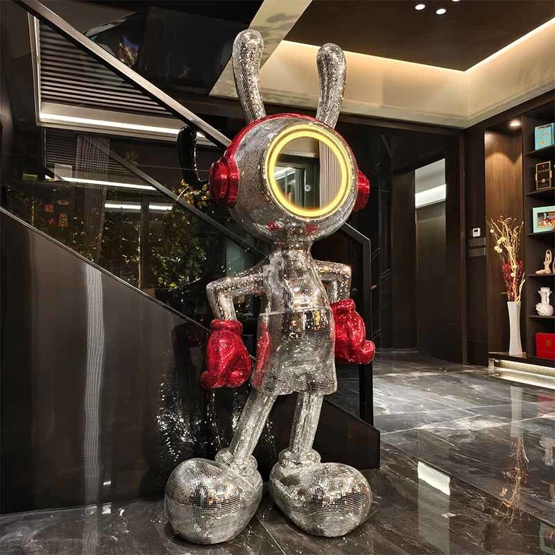 LED Mirror Mosaic Rabbit Sculpture Light Handcrafted Character Art For Commercial Spaces