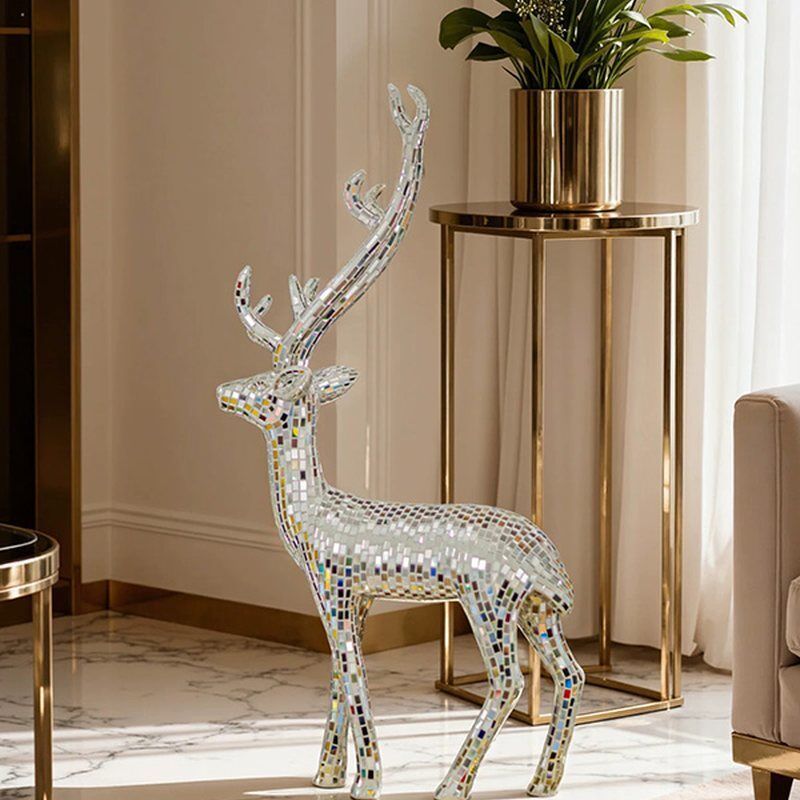 Silver Mosaic Deer Sculpture Handcrafted Animal Statue For Interior Decoration