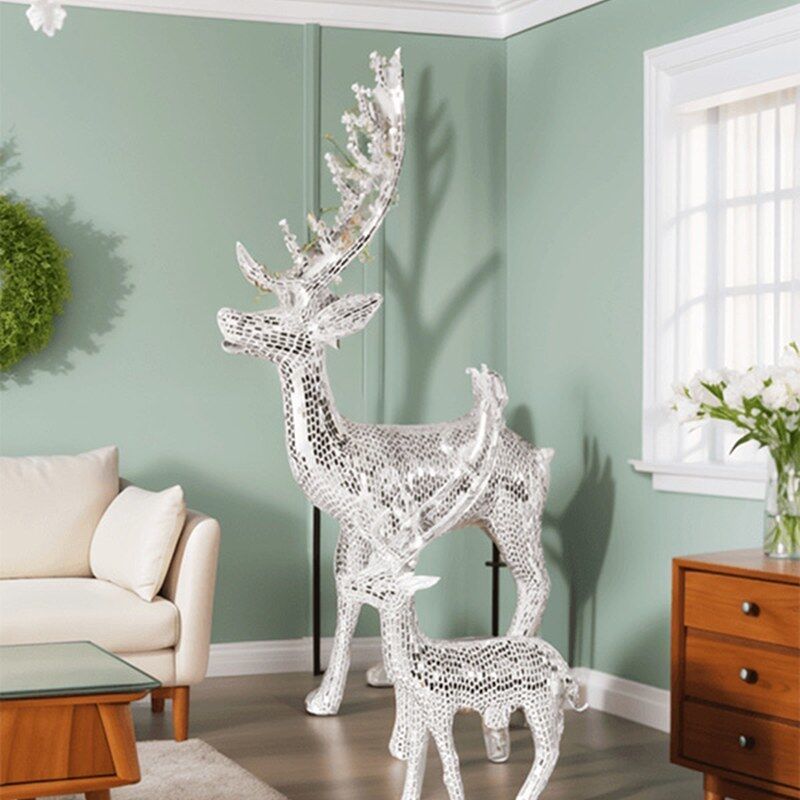 Silver Mosaic Deer Sculpture Handcrafted Animal Statue For Interior Decoration
