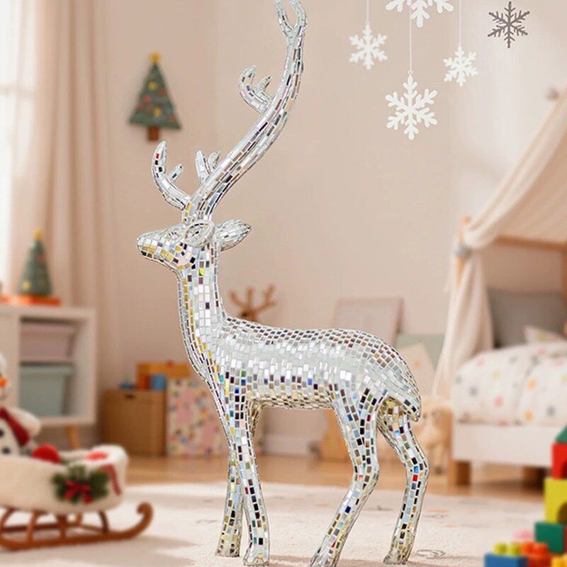 Silver Mosaic Deer Sculpture Handcrafted Animal Statue For Interior Decoration