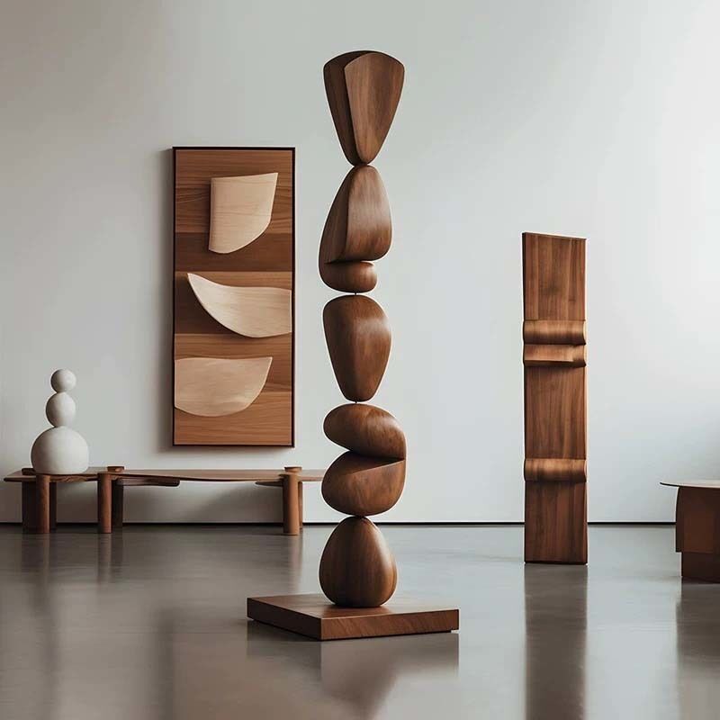 Organic Wooden Floor Sculpture Handmade Abstract Balance Sculpture For Interiors