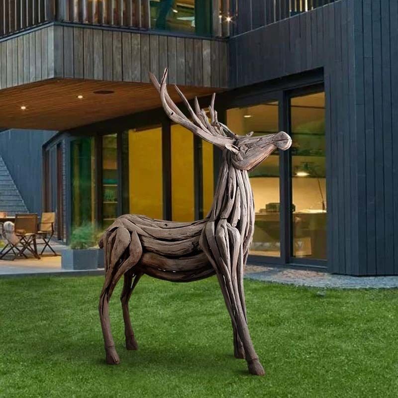 Handcrafted Wooden Deer Sculpture, Rustic Animal Art for Hotel and Interior Decoration