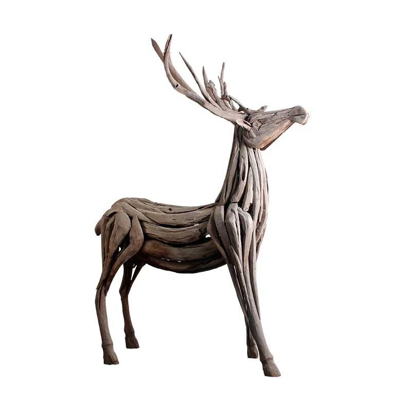 Handcrafted Wooden Deer Sculpture, Rustic Animal Art for Hotel and Interior Decoration