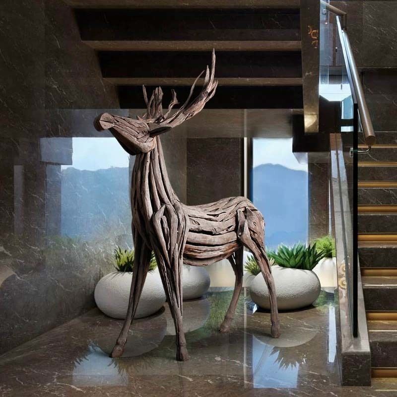 Handcrafted Wooden Deer Sculpture, Rustic Animal Art for Hotel and Interior Decoration
