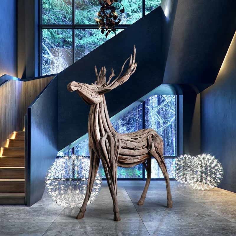 Handcrafted Wooden Deer Sculpture, Rustic Animal Art for Hotel and Interior Decoration