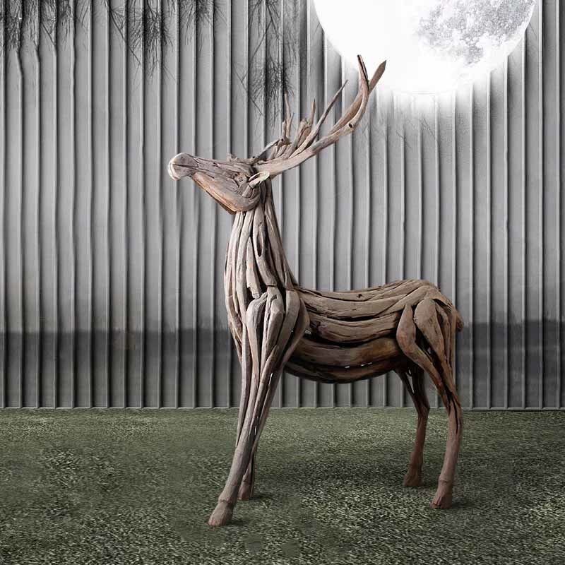 Handcrafted Wooden Deer Sculpture, Rustic Animal Art for Hotel and Interior Decoration