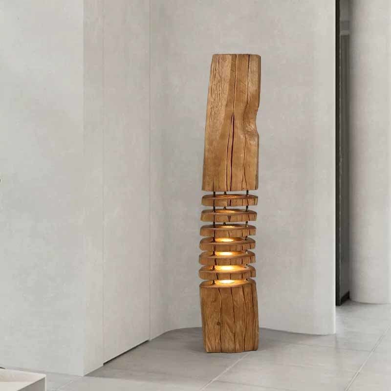 Wooden Sculptural Floor Lamp with Adjustable LED Light, Handmade Decorative Lighting