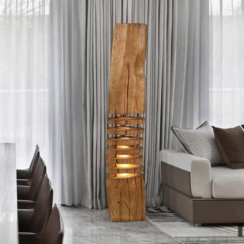 Wooden Sculptural Floor Lamp with Adjustable LED Light, Handmade Decorative Lighting