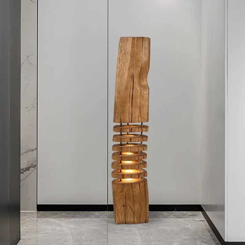 Wooden Sculptural Floor Lamp with Adjustable LED Light, Handmade Decorative Lighting