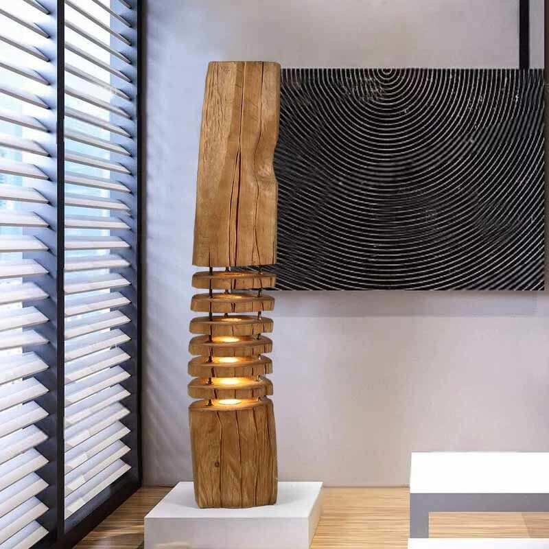 Wooden Sculptural Floor Lamp with Adjustable LED Light, Handmade Decorative Lighting