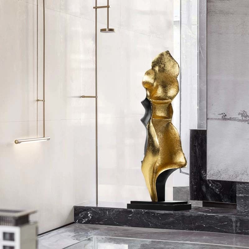 Metal Fiberglass Abstract Sculptures Gold Black Sculpture Marble Base Decorative Art