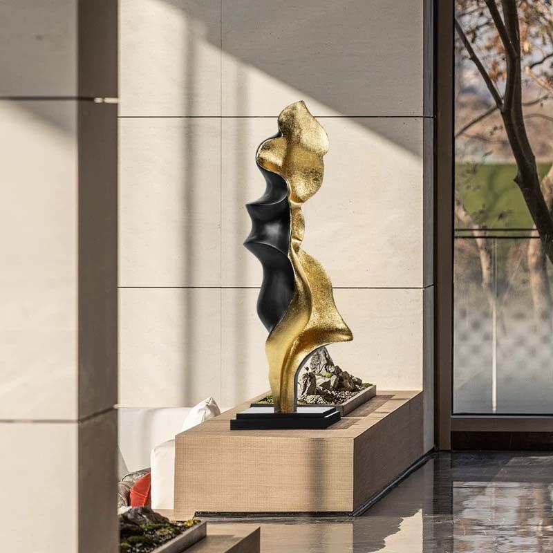 Metal Fiberglass Abstract Sculptures Gold Black Sculpture Marble Base Decorative Art