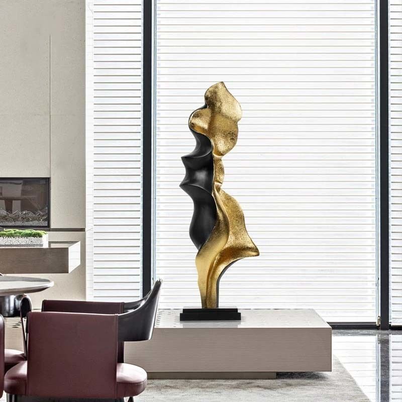 Metal Fiberglass Abstract Sculptures Gold Black Sculpture Marble Base Decorative Art