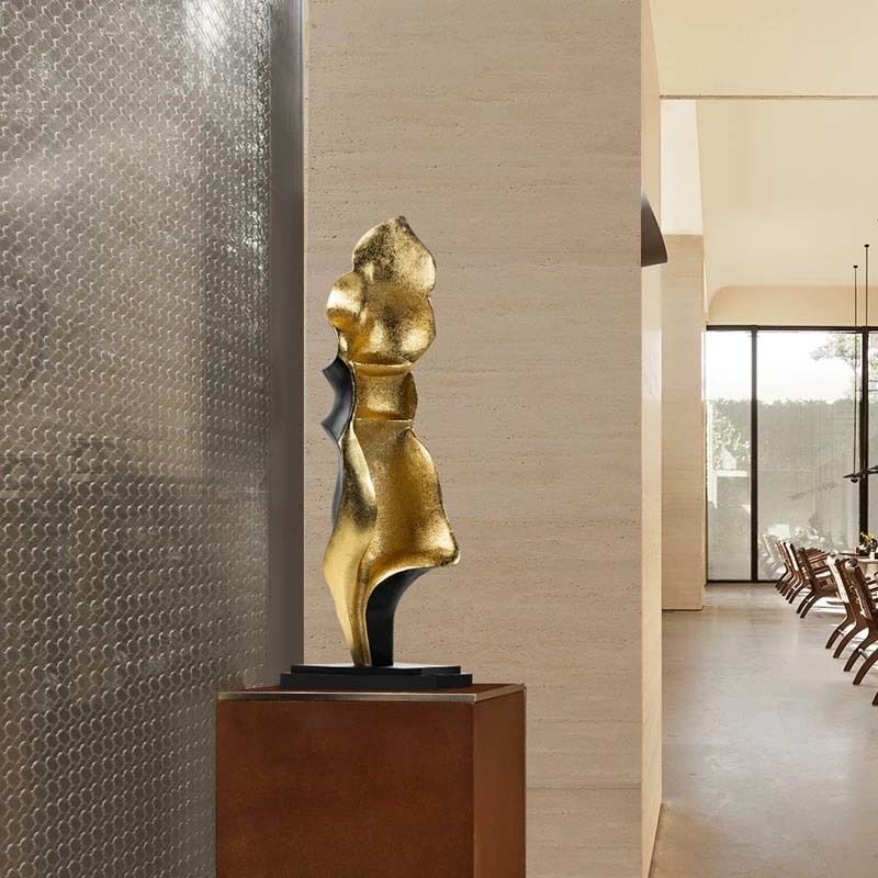 Metal Fiberglass Abstract Sculptures Gold Black Sculpture Marble Base Decorative Art