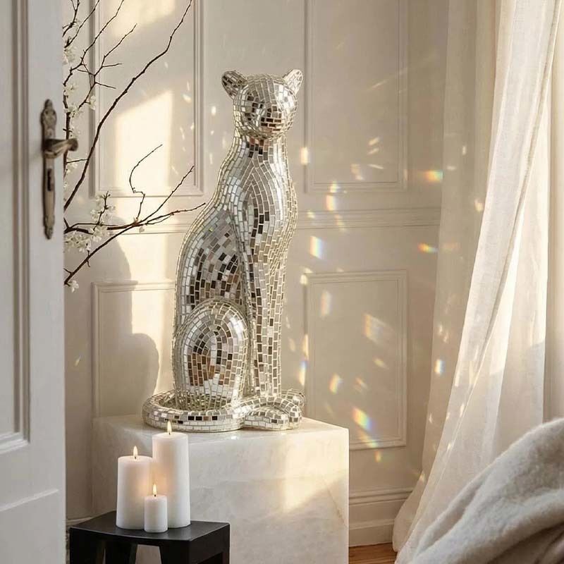 FRP Mosaic Art Leopard Sculpture Silver Gold 35 × 33 × 78 Cm Interior Decoration