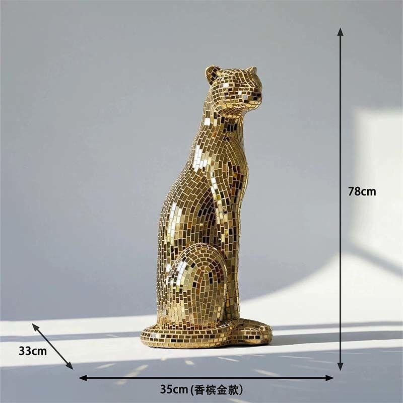 FRP Mosaic Art Leopard Sculpture Silver Gold 35 × 33 × 78 Cm Interior Decoration
