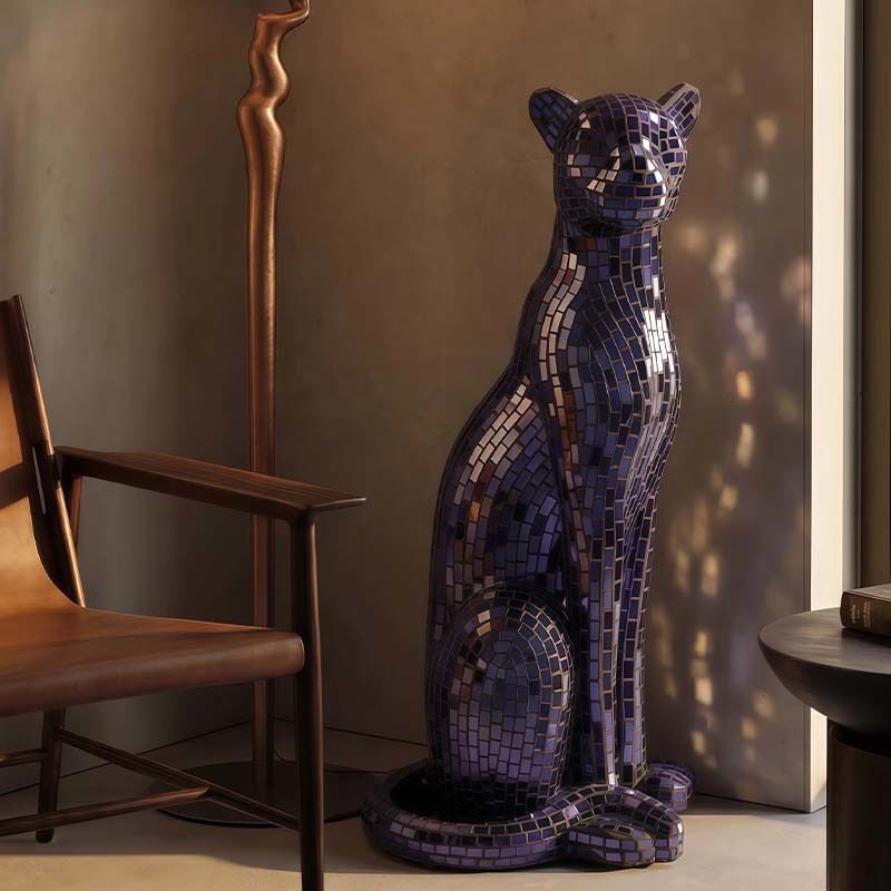 FRP Mosaic Art Leopard Sculpture Silver Gold 35 × 33 × 78 Cm Interior Decoration
