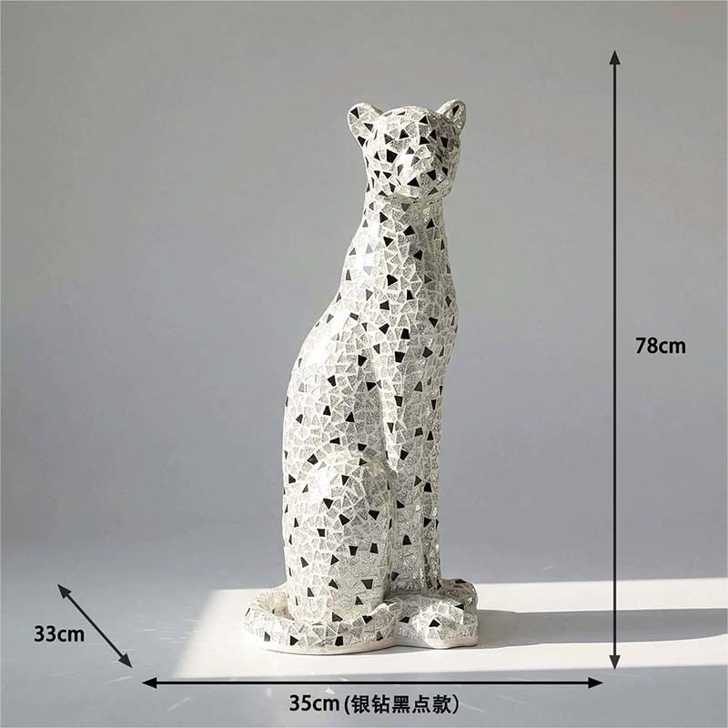 FRP Mosaic Art Leopard Sculpture Silver Gold 35 × 33 × 78 Cm Interior Decoration