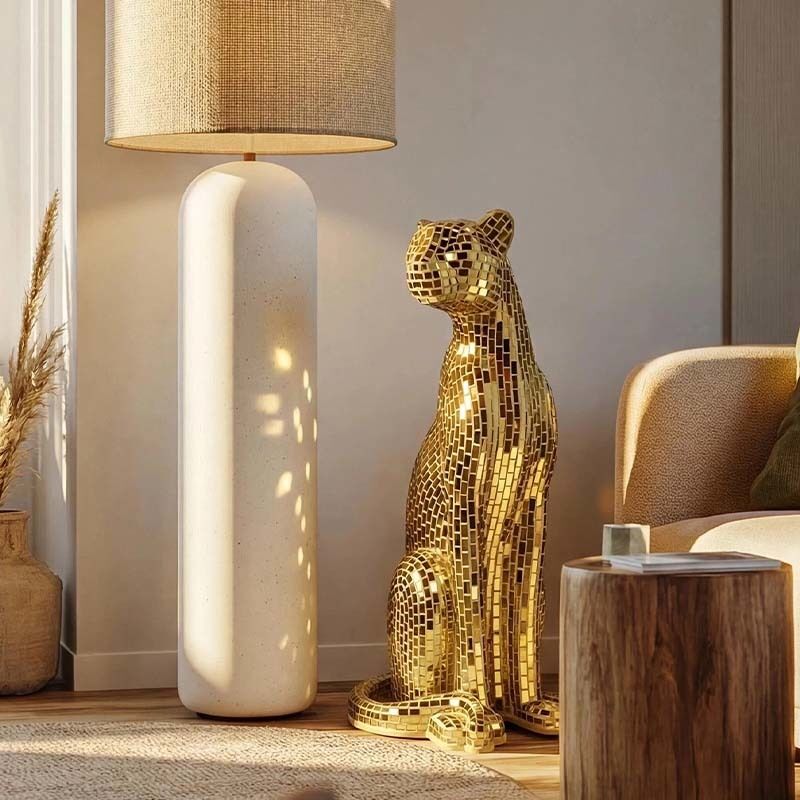 FRP Mosaic Art Leopard Sculpture Silver Gold 35 × 33 × 78 Cm Interior Decoration