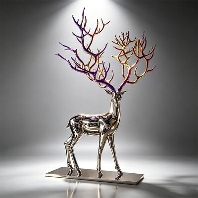 Iridescent Antlers Animal Sculptures Metal Sika Stainless Steel Deer Sculpture